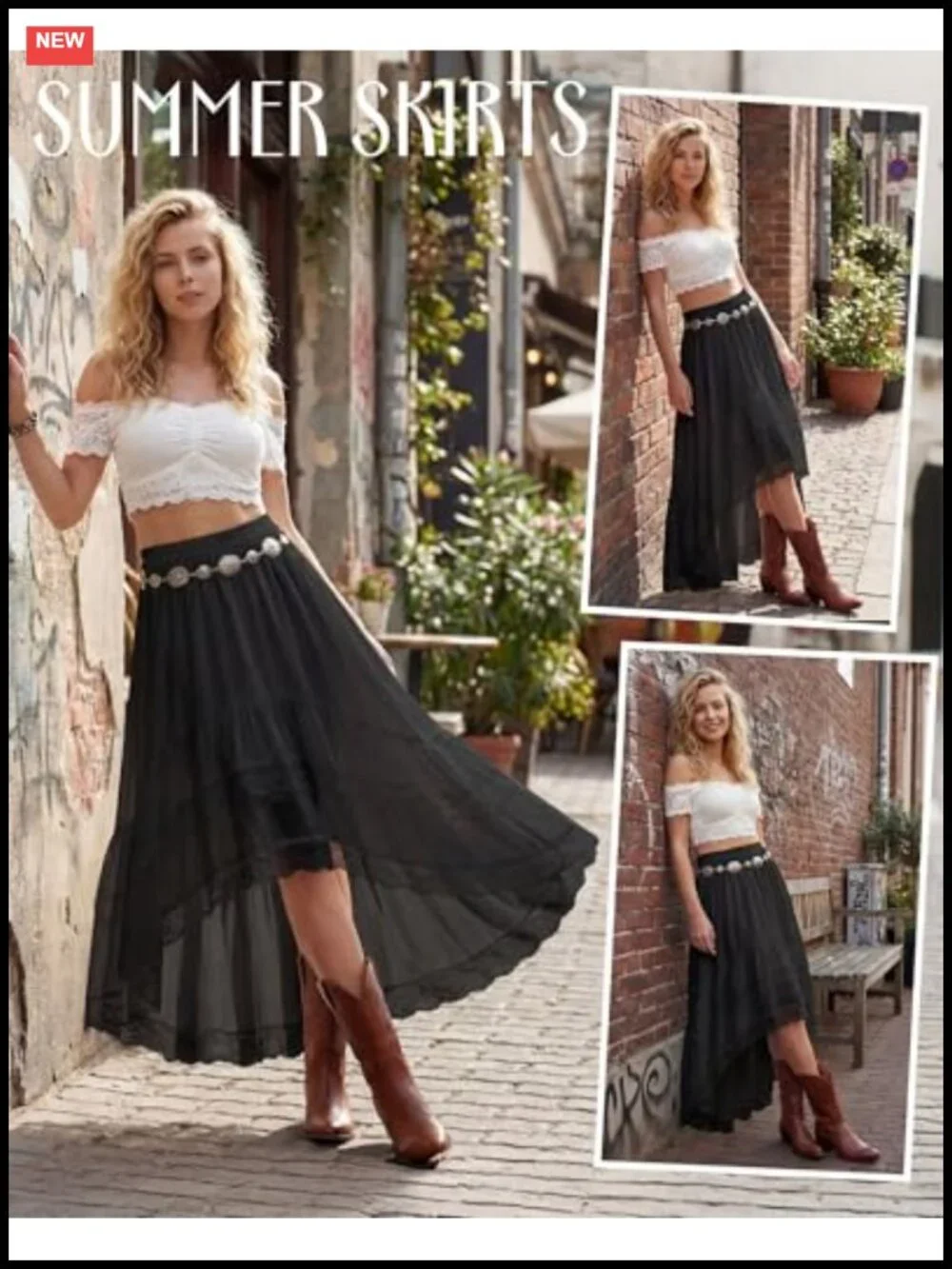 Western Boho High Low Lace Ruffle Skirt Flowy Elastic Waist Maxi